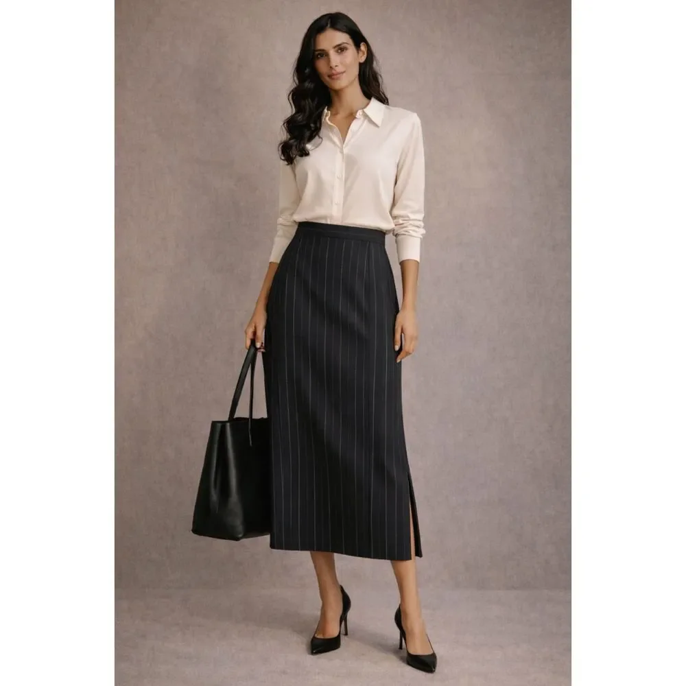 VTG - CASUAL CORNER Wool Blend Pinstripe Pencil Midi Skirt, Black/Tan, Sz 8*